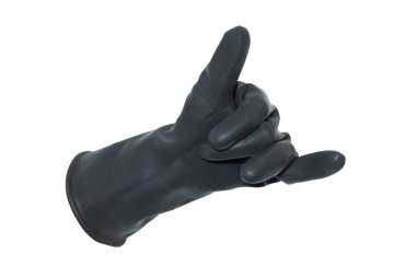 Siyah kauçuk eldivenli, izole bir el. Baş parmağı ve küçük parmağı havada. El, beyaz arka planda bir telefon hareketi yapıyor..