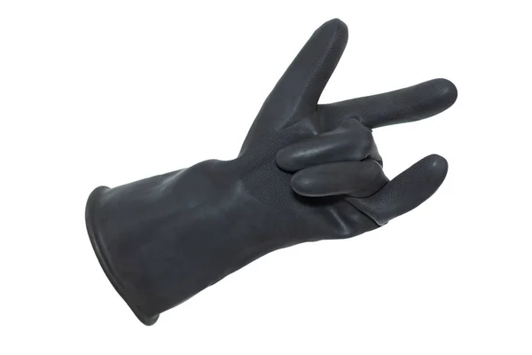 Egy Elszigetelt Kéz Egy Fekete Gumikesztyűben Hüvelykujjal Indexszel Felemelt Kisujjakkal — Stock Fotó