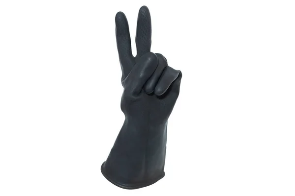 Een Geïsoleerde Zwarte Rubberen Handschoen Die Index Middelvinger Omhoog Houdt — Stockfoto