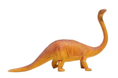Beyaz arka planda yıpranmış bir dinozor oyuncağı. Brachiosaurus.