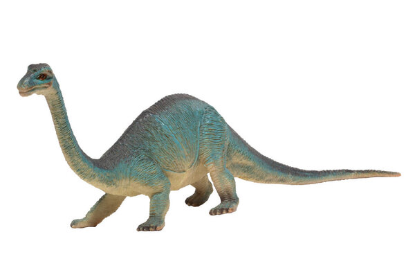 A long necked worn out toy dinosaur isolated on white background. Brachiosaurus.