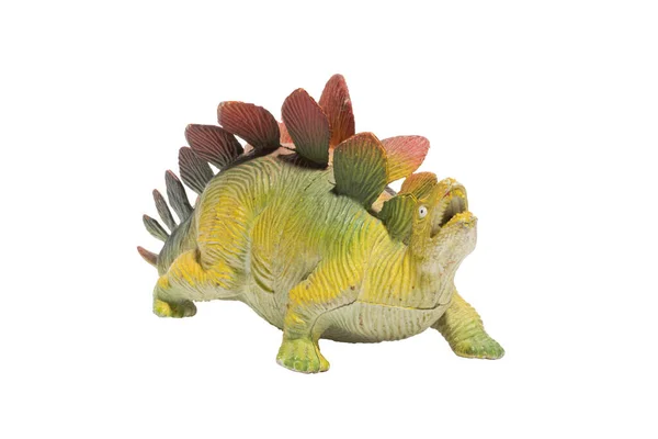 Een Versleten Plastic Dinosaurus Geïsoleerd Een Witte Achtergrond Stegosaurus — Stockfoto