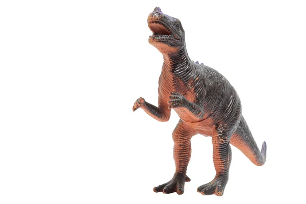Een Versleten Plastic Dinosaurus Geïsoleerd Een Witte Achtergrond Allosaurus — Stockfoto