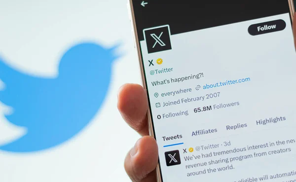 コロンビアのボゴタ 2023年7月25日 Twitter ブランドリニューアル バックグラウンドで古いTwitterロゴがぼやけたスマートフォンからTwitter Xの確認プロフィール ブルーバードのロゴ ソーシャルメディアコンセプト — ストック写真