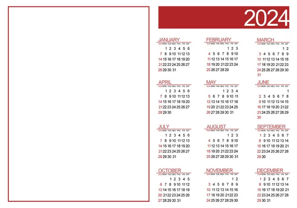 Two Page 2024 Calendar Red Color White Background Week Sunday Stock Image