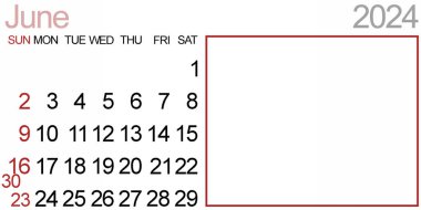 Haziran 2024: Resim veya metin için boş alanı olan takvim tasarımı. Orta Yıl.