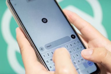 Bogota, Kolombiya - 14 Mayıs 2024: Bir adam cep telefonundan ChatGPT ile sohbet ediyor. Yazan kişinin yakın plan görüntüsü.