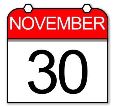 30 Kasım. Takvim simgesi beyaz arkaplanda izole edildi. 11. ayın sonunda