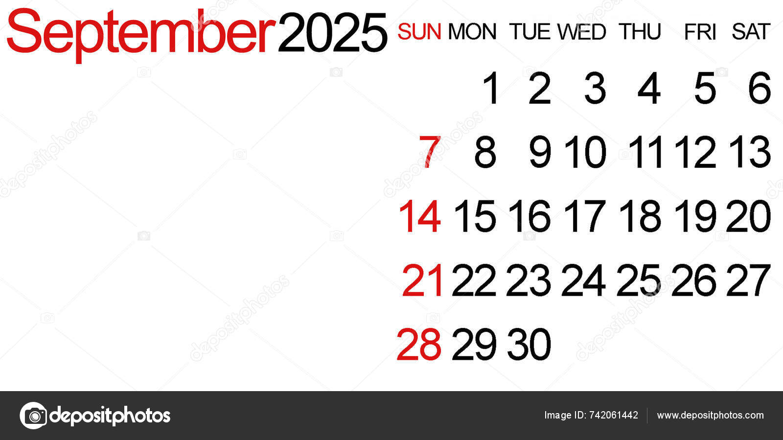 September 2025 Basic Horizontal Calendar Blank Space Text Image — Stock