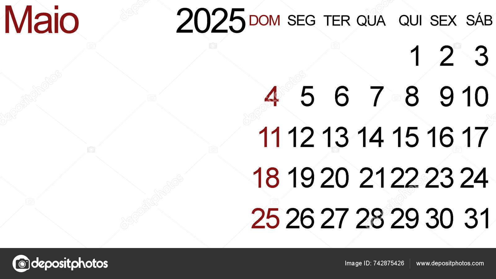 Simple Illustration Design May 2025 Calendar Portuguese Horizontal