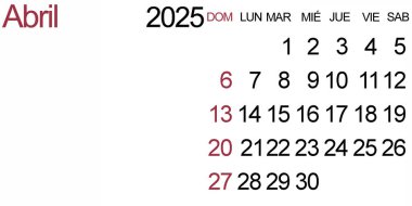 Basit Nisan 2025 İspanyolca takvimi beyaz arka planda. Boş boşluğu olan yatay takvim