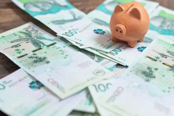 100,000 Kolombiya pesosuyla dolu pis bir kumbara. Para kavramı.