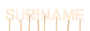 Beyaz arka planda Surinam adını oluşturan hafif ahşap harfler, Güney Amerika 'da bir ülke. Ahşap başlık.