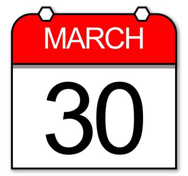 30 Mart. Düz günlük takvimin izole edilmiş simgesi.