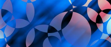 Koyu mavi arkaplanda geometrik kompozisyonda üst üste binen dairesel şekillere sahip modern tasarım. Süs tasarımı, dairesel siluetler ve şeffaflık içeren soyut arkaplan.