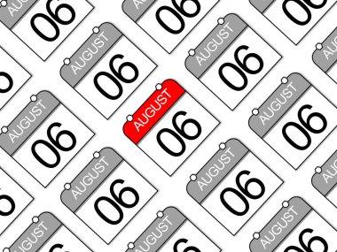 6 Ağustos, beyaz arka planda tekrarlanan klasik günlük takvimler