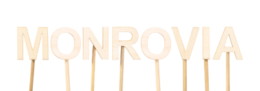 Liberya 'nın başkenti Monrovia' nın beyaz bir arkaplanda eşit olarak ayrıldığı açık harflerle ön metni.
