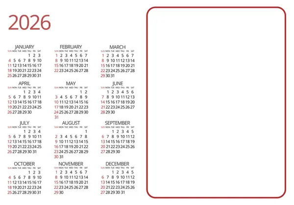 Resim veya metin özelleştirmesi için kırmızı, beyaz arkaplan ve boş alan içeren İngilizce yıllık takvim 2026, minimalist alanlarda yazdırma veya kullanım için idealdir. Boşluğu kopyala