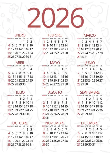 İspanyol 2026 takvimi. Arkasında karalama tasarımı var. Gün, ay ve yıl. Hafta pazar günü başlıyor.