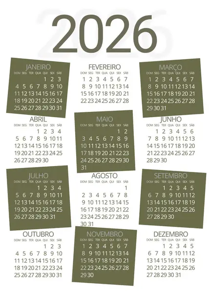 Portekiz 2026 takvimi, beyaz arka planda zeytin yeşili tasarımı, dinamik ve yaratıcı tarzda. Gün, ay ve yıl