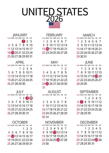 2026 ABD takviminin dikey tasarımı, tüm federal tatiller işaretli, raporlar, ofisler veya medya için pratik editörlük şablonu. Özel işaretli 4 Temmuz