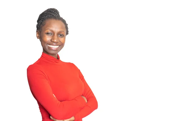 Young African Woman Her Arms Crossed Isolated White Background — Stock Photo, Image