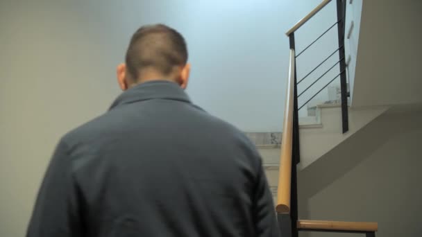 Teslimatçı Elinde Bir Paket Taşıyarak Merdivenlerden Çıkıyor — Stok video