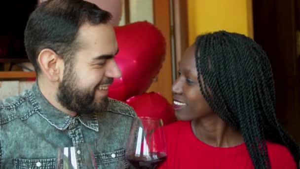 Young Interracial Couple Toasting Enjoying Glass Red Wine Valentine Day — Vídeos de Stock