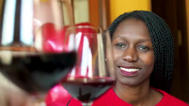 Young Woman Toasting Enjoying Glass Red Wine Valentine Day — Vídeos de Stock