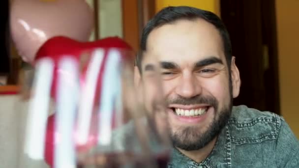 Young Bearded Man Toasting Enjoying Glass Red Wine Valentine Day — Vídeos de Stock