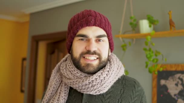 Young Bearded Man Covering Himself Blanket Fight Cold Wave Wearing – Stock-video