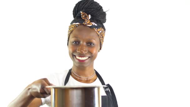Young Female Chef Showing Saucepan While Smiling Looking Camera Isolated — Stock Video