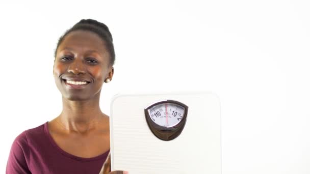 Young Woman Showing Weight Scale Isolated White Background — Stock Video