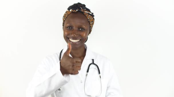 Young Female Doctor Thumbs While Smiling Looking Camera Isolated White — Stock Video