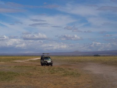 Afrikalı bir Safari 'de oyun sürüşü sırasında bir turist 4x4 aracı