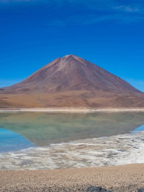 Bolivya 'da Laguna Honda' nın önünde poz veren gezgin çocuk.