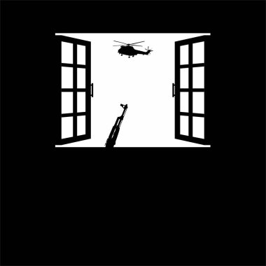 Machine Weapon Gun and the Helicopter Attack (Military Vehicles) on the Windows. Silhouette Visual of the Dramatic of the War, Conflict, Combat and or Battle. Vector Illustration clipart