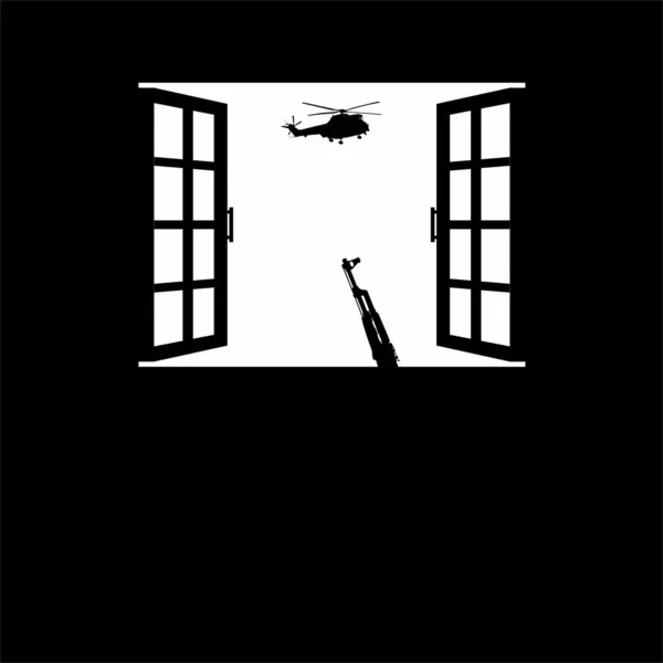 機関銃とWindows上のヘリコプター攻撃 軍用車両 シルエット戦争 戦闘の劇的な視覚 ベクターイラスト — ストックベクタ