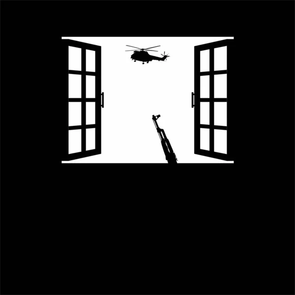 Konekivääri Ase Helikopterin Hyökkäys Sotilasajoneuvot Windowsissa Siluetti Visuaalinen Dramaattinen Sodan — vektorikuva