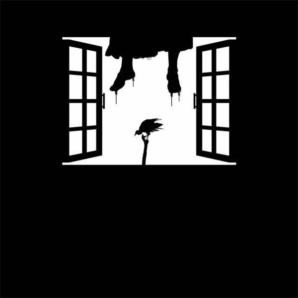 Pendaison Jambes Femme Sanglante Oiseau Vautour Noir Sur Les Fenêtres — Image vectorielle