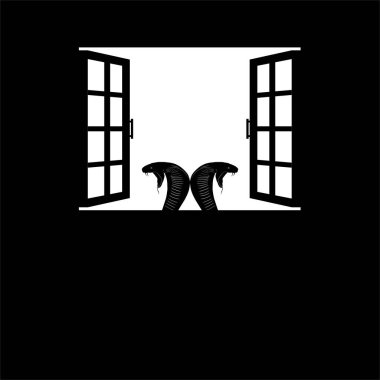 Windows Silhouette 'deki Kral Kobra Yılanı' nın başı. Ürkütücü, Korkunç, Ürkütücü, Gizemli, veya Suç Çizimi. Korku Filmi veya Cadılar Bayramı Posteri Tasarım Elemanı