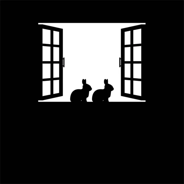 Κουνέλι Λαγουδάκι Στο Παράθυρο Σιλουέτα Για Φόντο Αφίσα Art Illustration — Διανυσματικό Αρχείο