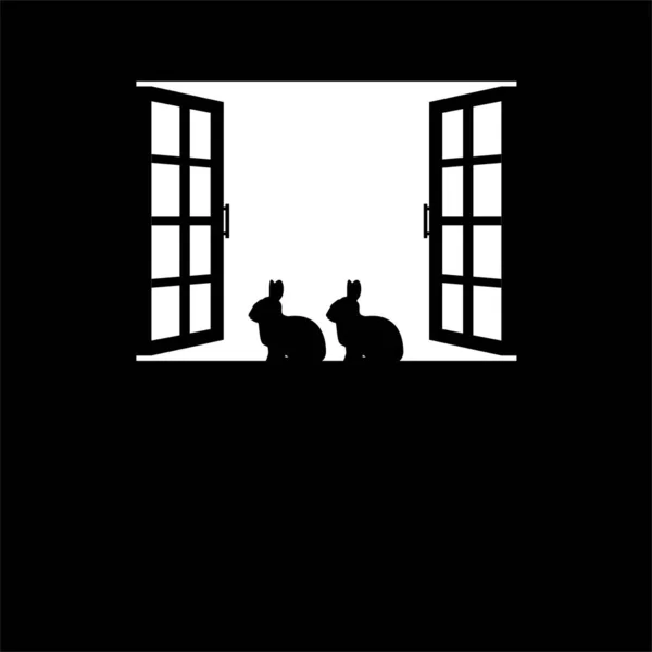 Κουνέλι Λαγουδάκι Στο Παράθυρο Σιλουέτα Για Φόντο Αφίσα Art Illustration — Διανυσματικό Αρχείο
