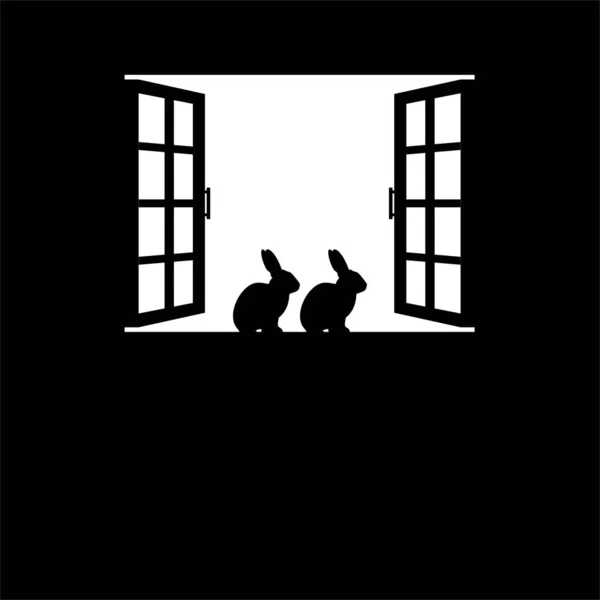 Kaninchen Oder Hase Auf Der Fenstersilhouette Für Hintergrund Poster Art — Stockvektor