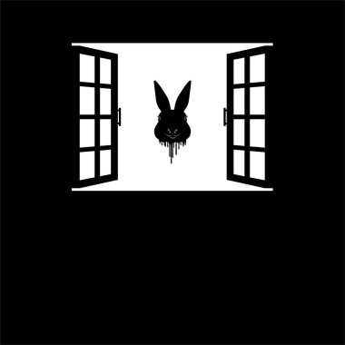 Pencere Siluetinde Uçan Kanlı Tavşan Kafası, Dramatik, Ürkütücü, Ürkütücü, Ürkütücü, Ürkütücü, Gizemli, veya Ürkütücü Çizim. Korku Filmi veya Cadılar Bayramı Posteri için Sanat Resimleri. Vektör  