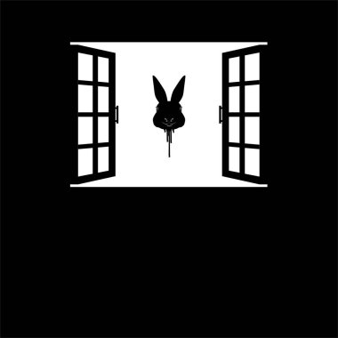 Pencere Siluetinde Uçan Kanlı Tavşan Kafası, Dramatik, Ürkütücü, Ürkütücü, Ürkütücü, Ürkütücü, Gizemli, veya Ürkütücü Çizim. Korku Filmi veya Cadılar Bayramı Posteri için Sanat Resimleri. Vektör  