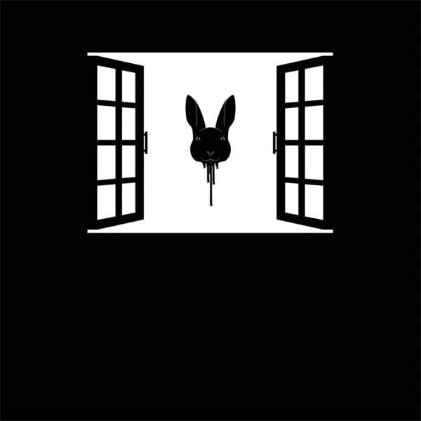 Pencere Siluetinde Uçan Kanlı Tavşan Kafası Dramatik Ürkütücü Ürkütücü Ürkütücü — Stok Vektör