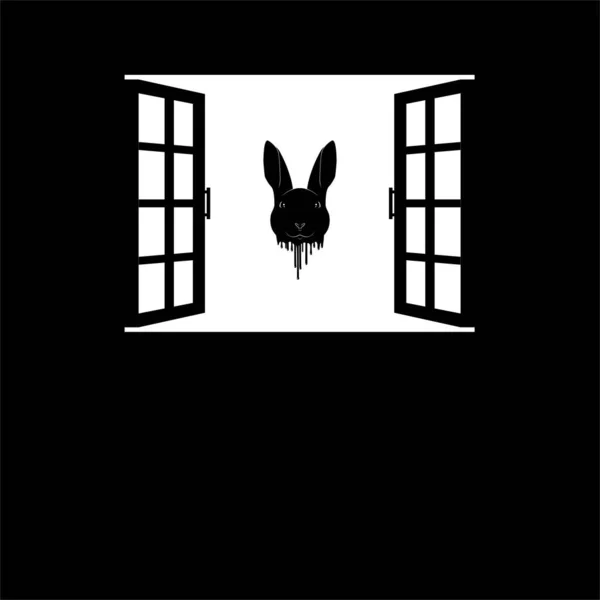 Pencere Siluetinde Uçan Kanlı Tavşan Kafası Dramatik Ürkütücü Ürkütücü Ürkütücü — Stok Vektör