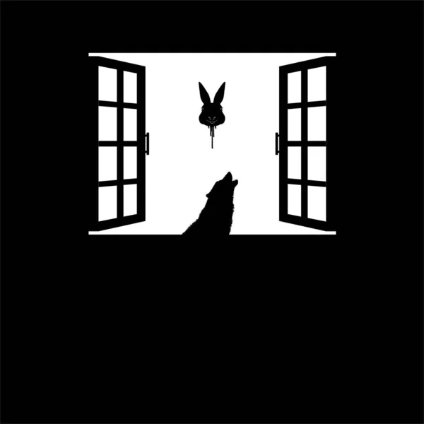 ウルフと空飛ぶブラッディウサギの頭は ウィンドウシルエット 不気味な ホラー または不気味なイラスト上で ホラー映画やハロウィンポスター要素のためのアートイラスト — ストックベクタ