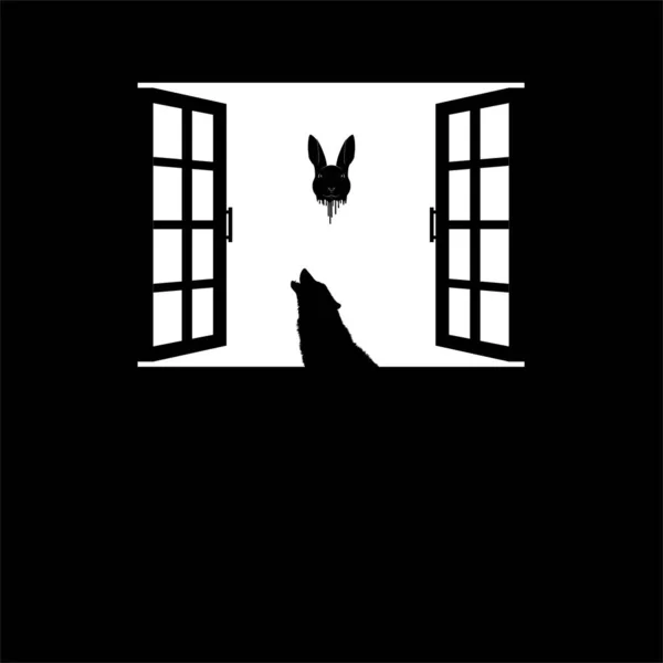 Wolf Und Fliegender Blutiger Hasenkopf Auf Der Fenstersilhouette Dramatisch Gruselig — Stockvektor